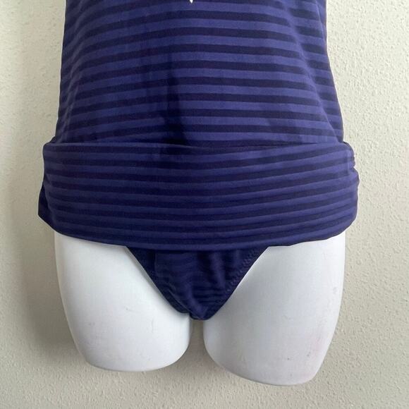 Becca by Rebecca Virtue One Piece Swimsuit‎ M Blue Stripe Halter Laser Cut - Picture 5 of 8